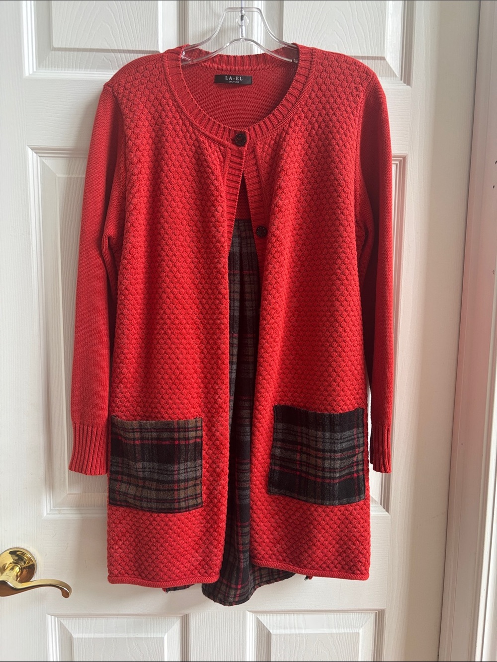 Red Long Knit Cardigan with Plaid Pocket Detail